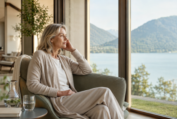 Woman sitting relaxed in an armchair with a view of Lake Tegernsee and the mountains, a symbol for regeneration in the case of exhaustion despite vacation at the MedVital health residence.