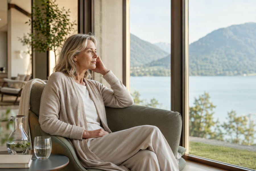Woman sitting relaxed in an armchair with a view of Lake Tegernsee and the mountains, a symbol for regeneration in the case of exhaustion despite vacation at the MedVital health residence.