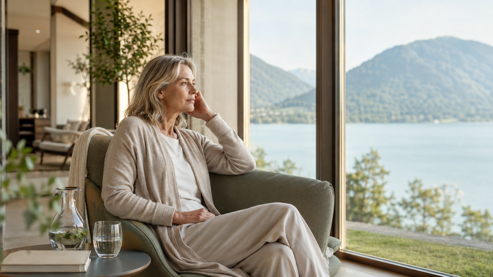 Woman sitting relaxed in an armchair with a view of Lake Tegernsee and the mountains, a symbol for regeneration in the case of exhaustion despite vacation at the MedVital health residence.