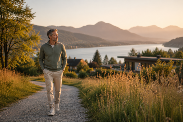 Man on a quiet walk in nature at Lake Tegernsee, as a symbol for regeneration and inner peace during a medically supervised health vacation.