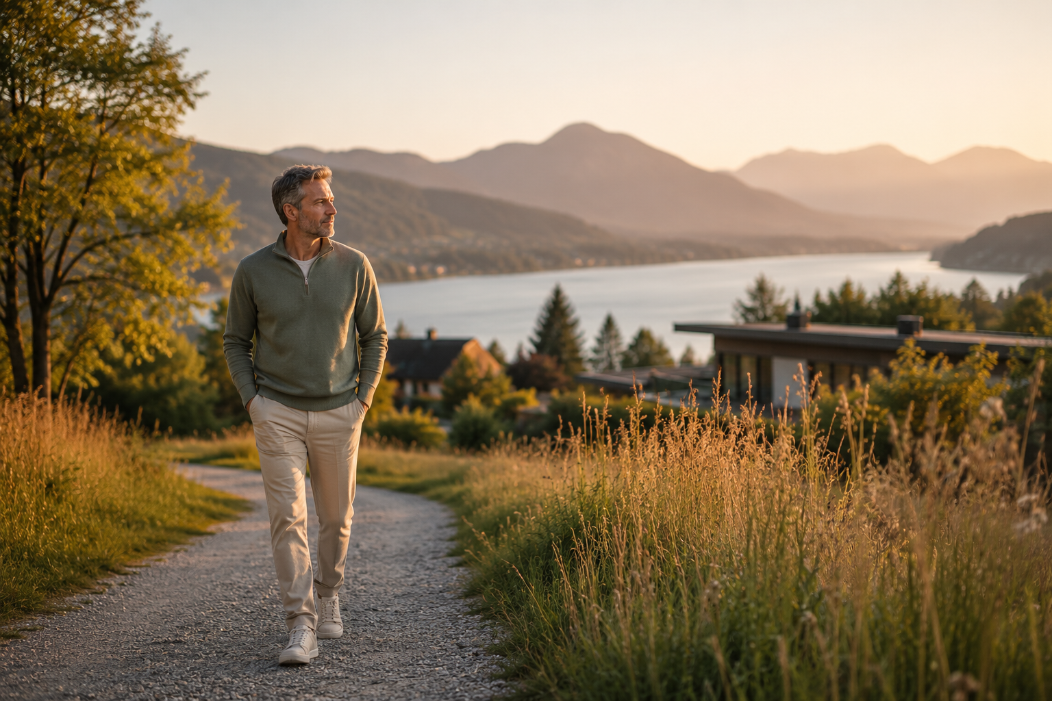 Man on a quiet walk in nature at Lake Tegernsee, as a symbol for regeneration and inner peace during a medically supervised health vacation.