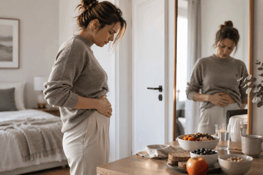 Woman with bloated abdomen in front of a mirror, next to healthy foods, symbolizing bloated abdomen and bloating despite a healthy diet.