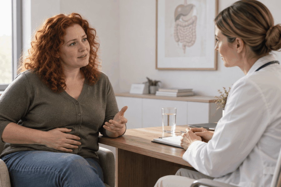 Patient with red curly hair in a doctor's consultation about IBS and abdominal complaints in a modern practice.