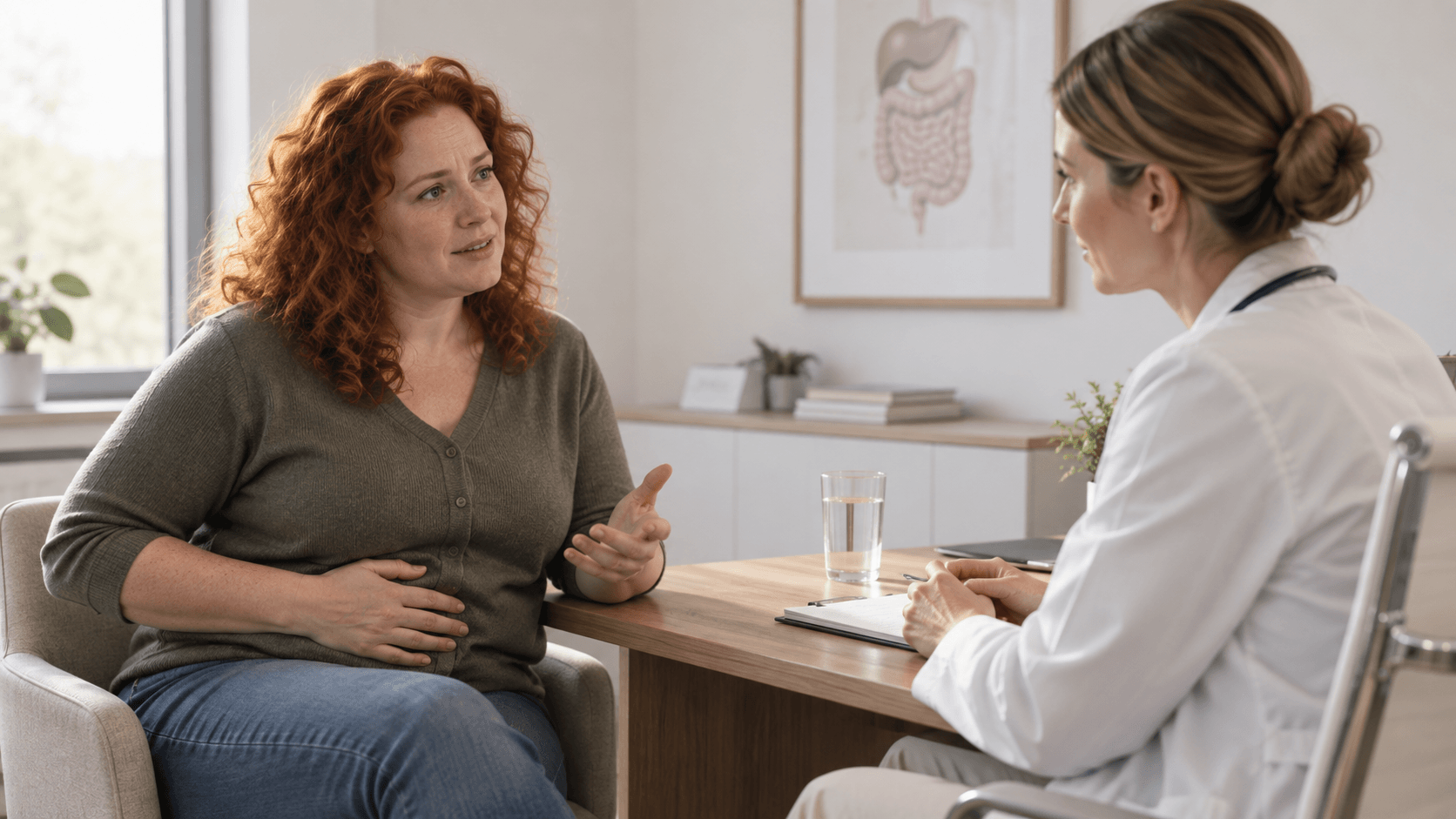 Patient with red curly hair in a doctor's consultation about IBS and abdominal complaints in a modern practice.