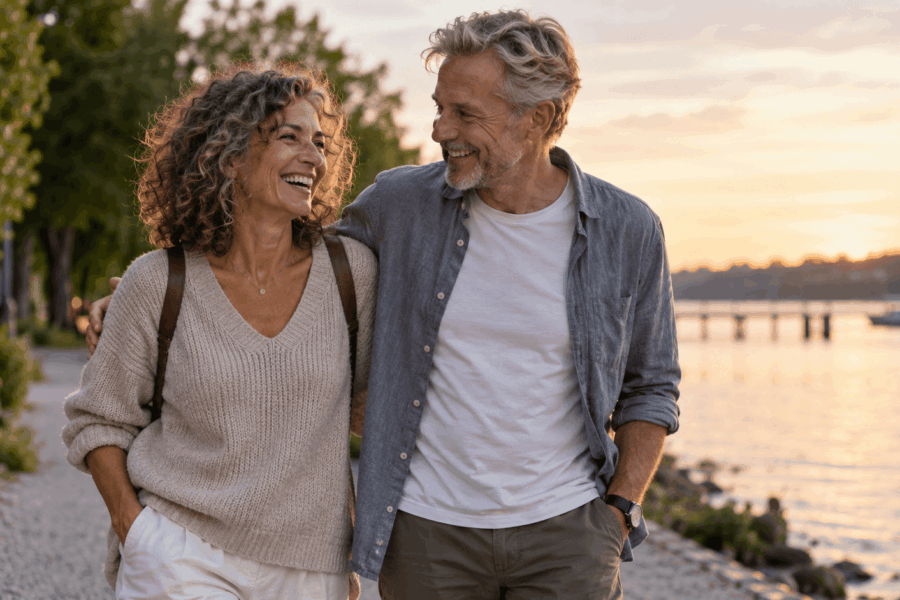 Vital middle-aged couple on a walk by the lake – a symbol of health, quality of life, and longevity