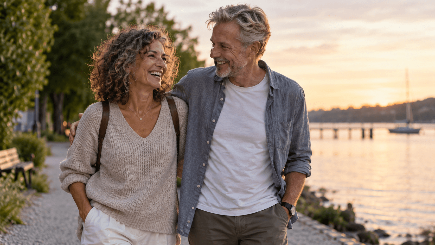 Vital middle-aged couple on a walk by the lake – a symbol of health, quality of life, and longevity