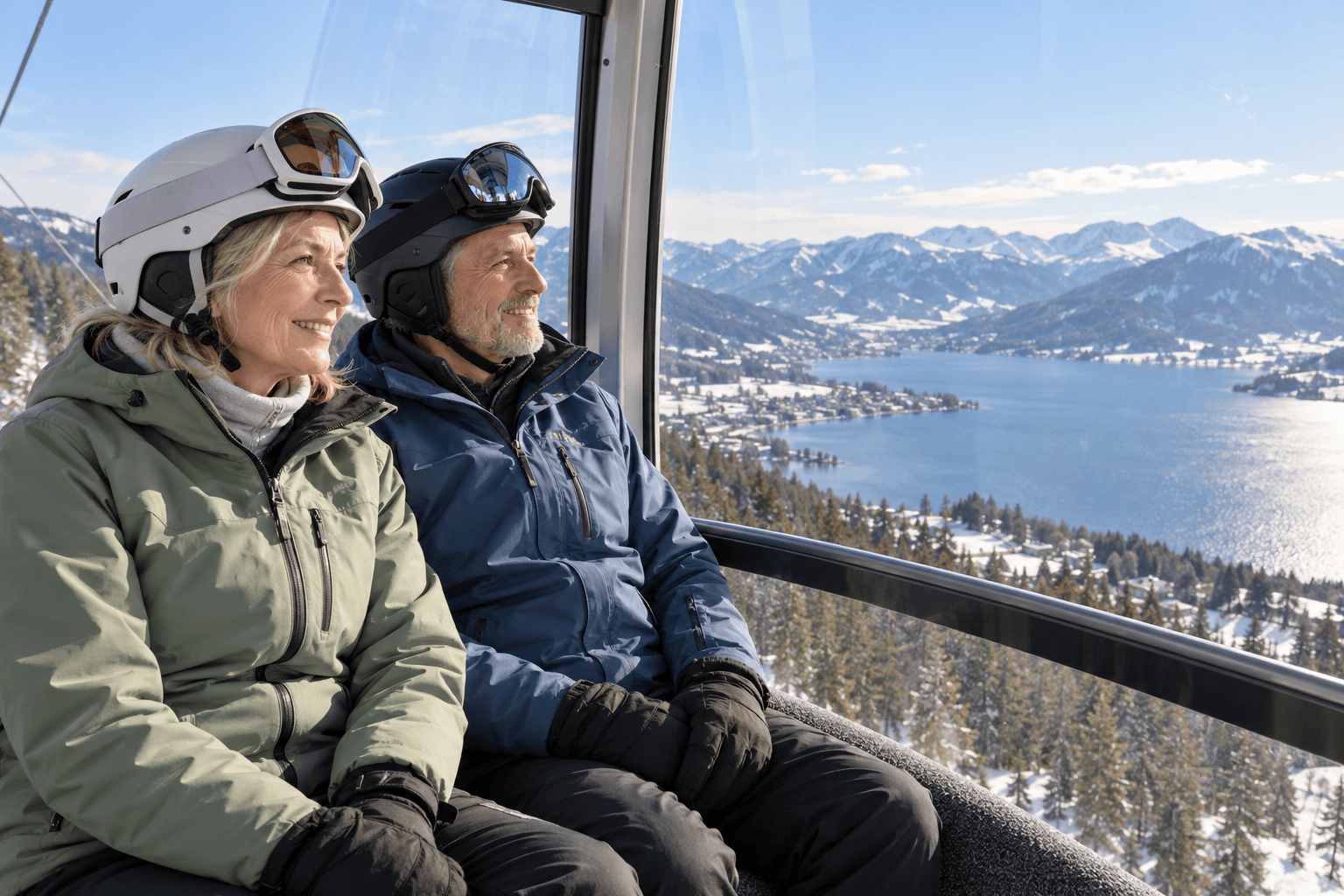 Skiing in Older Age: Older couple enjoys a gondola ride with a view of a lake and snow-covered mountains.